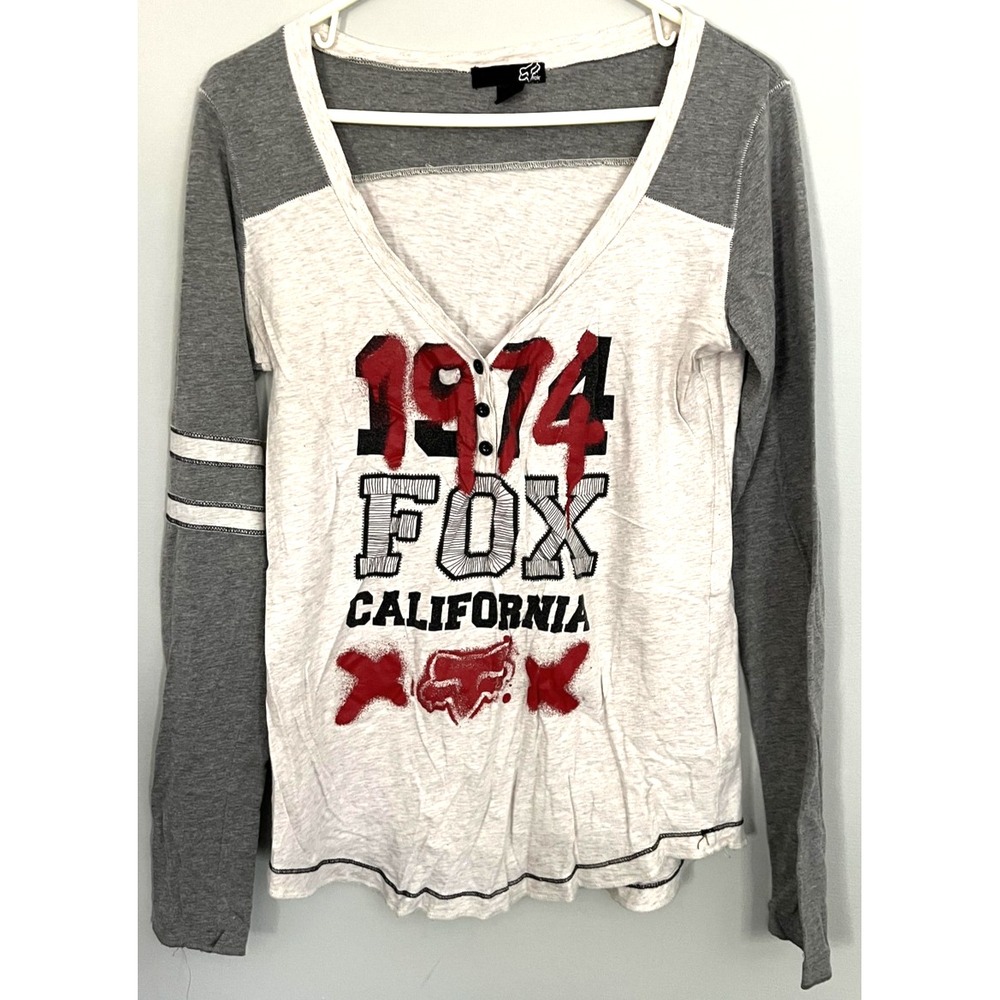Fox Racing California Shirt Womens L Gray Long Sleeve Henley V Neck Graphic 1974